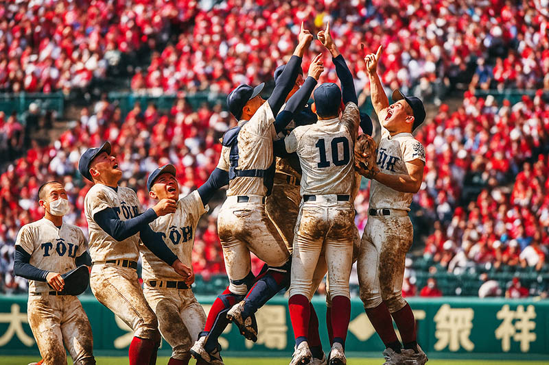 koshien High school baseball players celebrating their victory