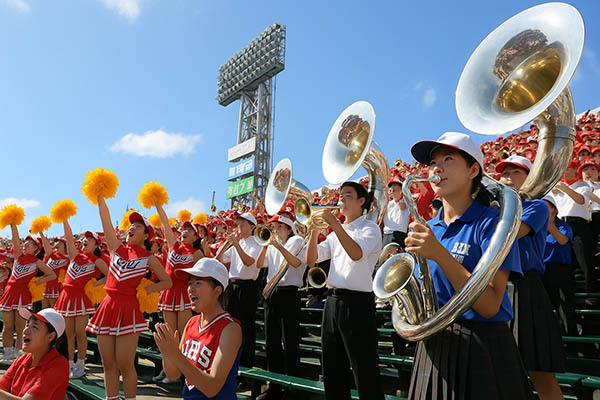 A large cheering squad supporting the baseball team

Brass band

Cheerleading team

Concert band