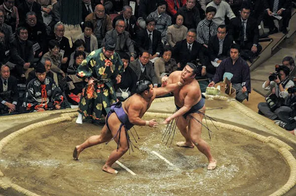 Sumo wrestlers fighting in the Sumo ring